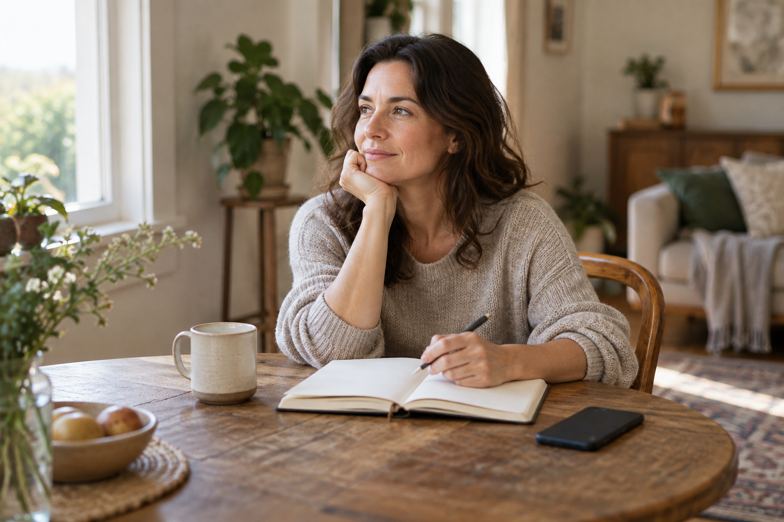 Woman pausing beside a notebook while reflecting on anxious attachment patterns.