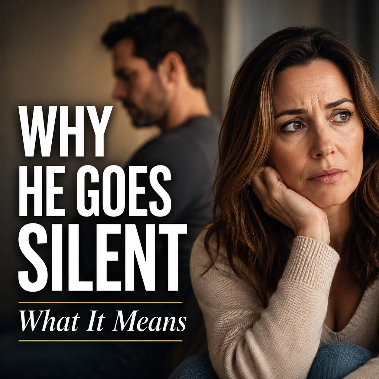 Woman looking at her phone while her partner sits turned away in the background, illustrating male silence, emotional distance, and relationship confusion for women seeking clarity.