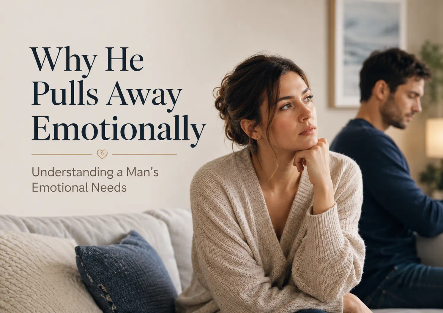 Woman looking hurt while a man sits distant in the background, showing why he pulls away when you need closeness and how to understand his emotional needs.