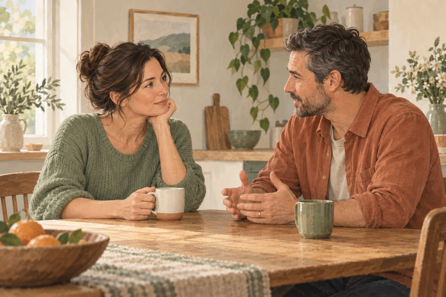 Anxious Attachment in Marriage: 7 Practical Supports 1 A woman and a man talking over mugs at a kitchen table.