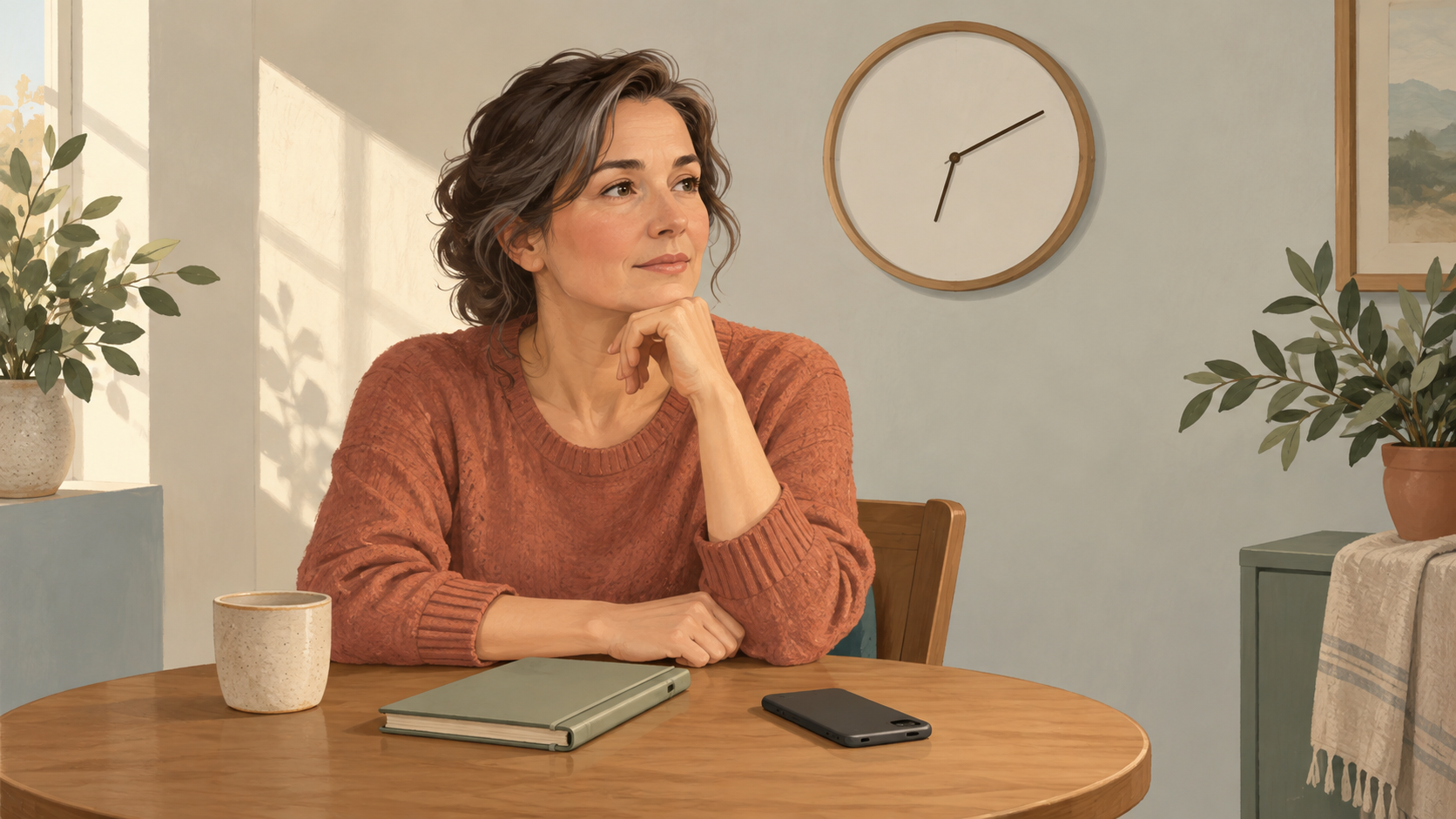 Silent Husband? 5 Steps After a Missed Check-In 1 Woman beside a clock and closed notebook, illustrating a missed check-in with a silent husband