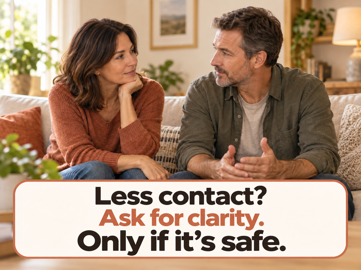When He Pulls Away: Ask for Clarity Without Guessing 1 AI-generated illustration of two fictional adults seated in a living room. Text: Less contact? Ask for clarity. Only if it’s safe.