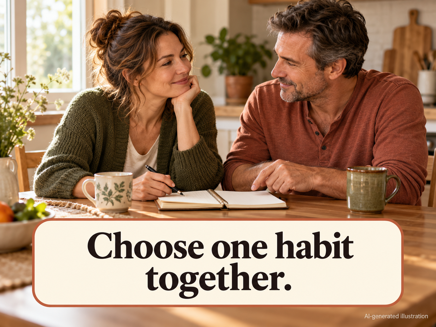 10 Small Habits for Feeling Closer in Marriage 1 AI-generated couple choosing a shared activity at a kitchen table. Caption: Choose one habit together.